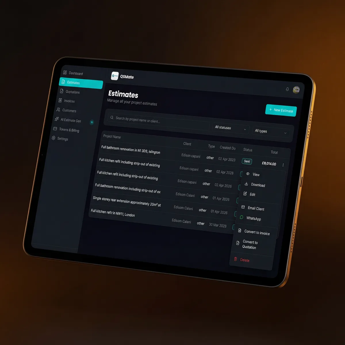 QSMate App — Estimates Dashboard